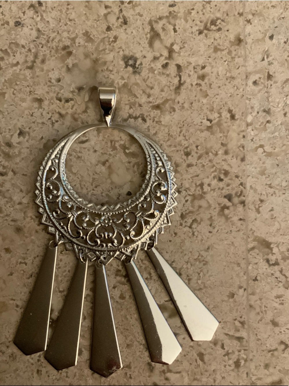 Silver Filigree Crescent Pendant Necklace - Silver